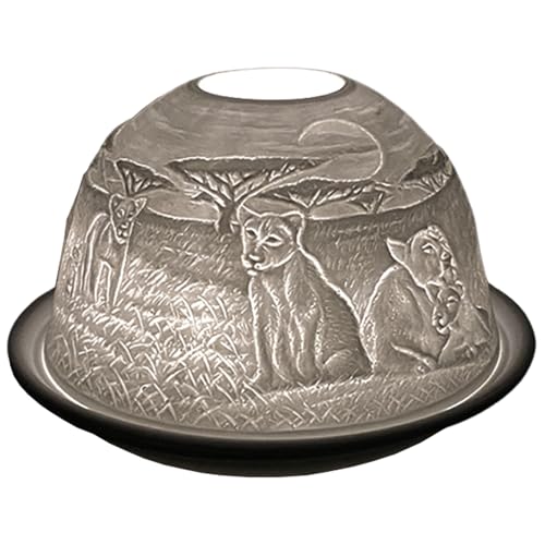 Cello Teelichthalter aus Porzellan mit Kuppel, Löwen-Design Ein Kerzenhalter projiziert ein liebevolles 3D-Bild. Porzellan-Löwen-Ornament – Verwendung mit Teelichtern oder LED-Lichtern –