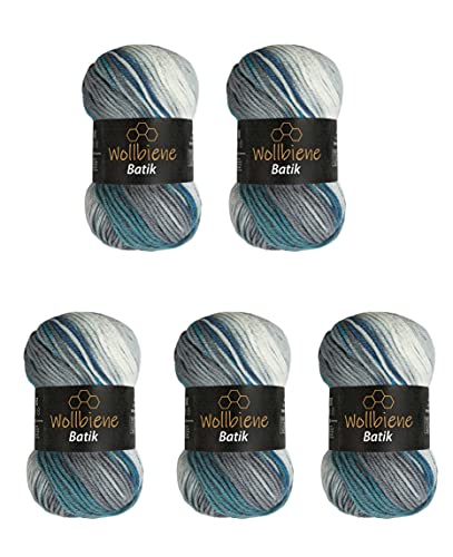 5 x 100g Wollbiene Batik 500 Gramm Wolle mit Farbverlauf mehrfarbig Multicolor Strickwolle Häkelwolle (5950 blau türkis grau)