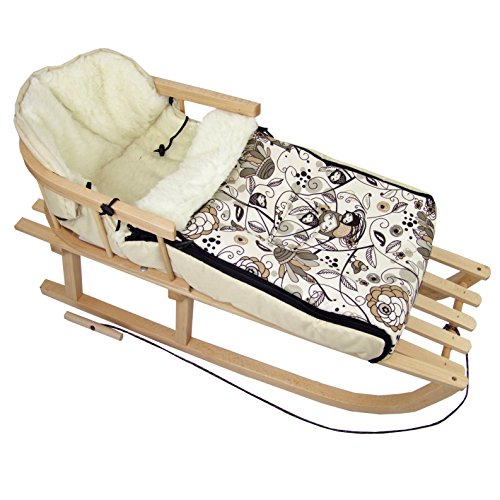 BAMBINIWELT KOMBI-ANGEBOT Holz-Schlitten mit Rückenlehne & Zugseil + universaler Winterfußsack (90cm), auch geeignet für Babyschale, Kinderwagen, Buggy, aus Wolle im Eulendesign (Eule 3)