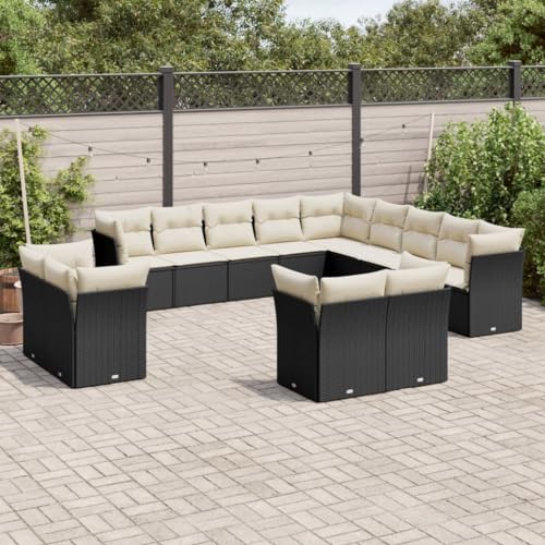 QJBSAVVA 13-TLG. Garten-Sofagarnitur, Balkon Sessel Sitzecke Balkon Balkontisch Klein Lounge Tisch Geeignet für Wenig Platz Außen Garten Balkon mit Kissen Schwarz Poly Rattan