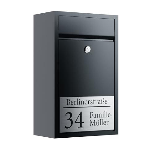 Bl4ckPrint Premium Briefkasten Anthrazit - Postkasten personalisiert mit Familienname Straße und Hausnummer - hochwertiger Wandbriefkasten personalisiert