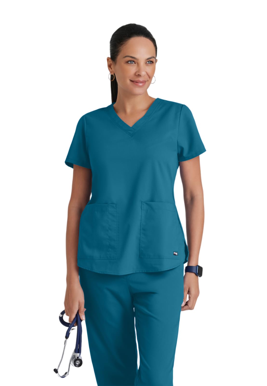 Grey's Anatomy Women's Two Pocket V-Neck Scrub Top with Shirring Back, Bahama Blue, 2X-Large