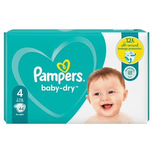 Pampers Baby-Dry Größe 4, 44 Windeln, 9-14 kg, Essential Pack, Luftkanäle für atmungsaktive Trockenheit über Nacht