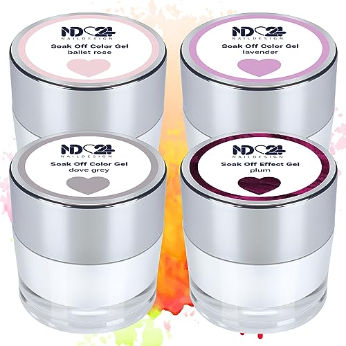 ND24 NailDesign Premium Bundle Purple Mood Soak Off Gel Collection High Pigmented Hochpigmentiert UV LED Gellack - Satte Farbe Lange Haltbar - Easy Peel Off Ablösen mit Cream Remover - 4 x 10g