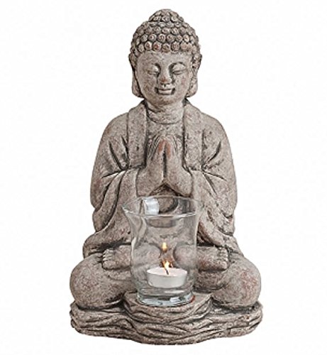 Buddha sitzend Statue Figur Skulptur Feng Shui Teelichthalter Grau Keramik 30 cm
