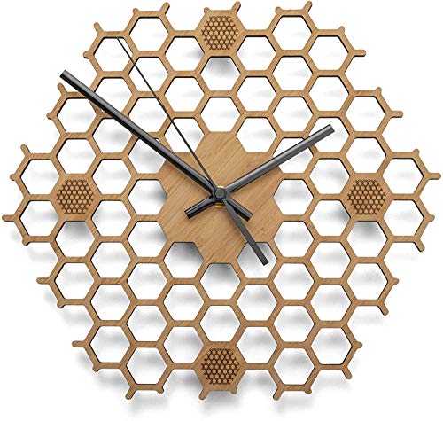 Wanduhr in offener Bienenwaben-Form - Kreatives und modernes Design aus Bambus/Holz - Leise ohne Ticken - Sechseckig mit offenem Rand