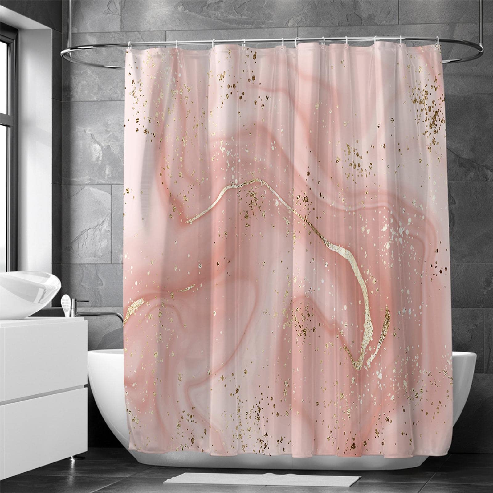 18meng Art Duschvorhang 100x180cm Rosa Gold Duschvorhänge Marmor Optik Abstrakte Shower Curtain Anti Schimmel Wasserdicht Polyester Stoff Waschbar Blickdicht Bad Vorhang mit Haken für Badezimmer