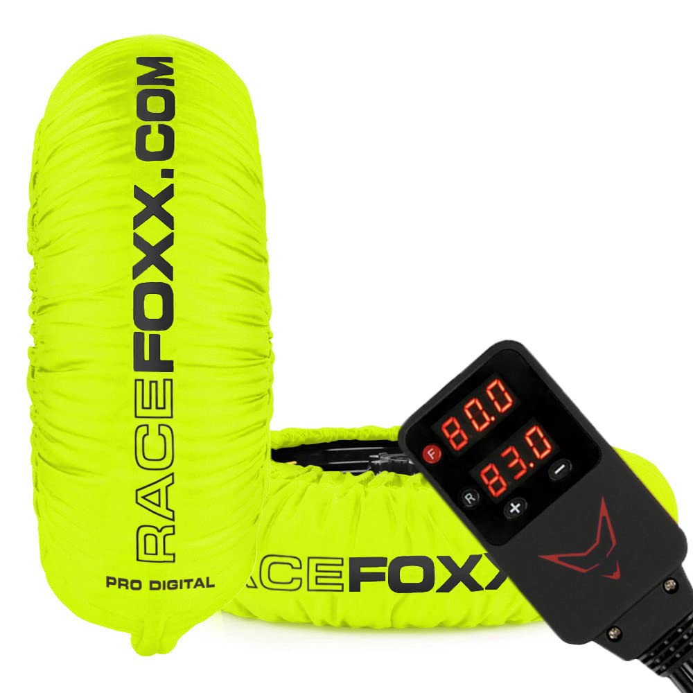 RACEFOXX PRO DIGITAL Reifenwärmer Tyre Warmers bis max. 99° C Superbike, 120/17 vorne und 180 bis 200/17 hinten für Motorrad Rennsport Heizdecken neon gelb