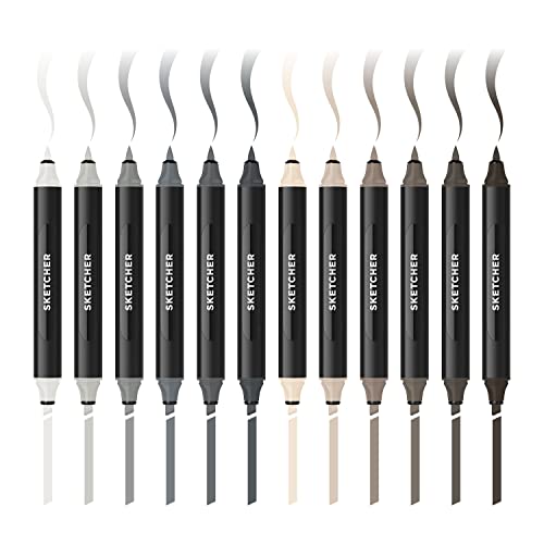 Molotow Sketcher Twinmarker Grey Kit 1 (Brush Tip & 3mm Keilspitze, farbintensive Aqua Pro Tinte, schnelltrocknend, Graffiti Stifte für die Anwendung auf Papier) 12 Stück in warmen Grautönen