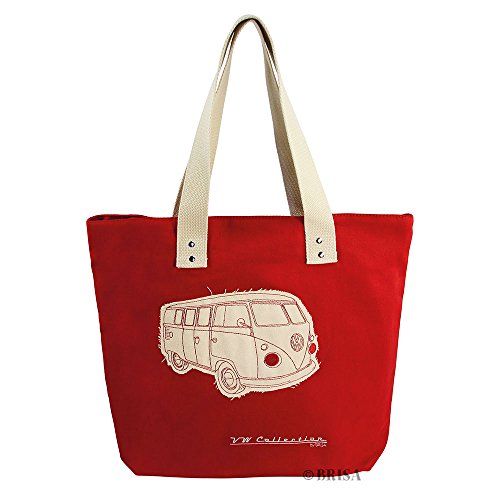BRISA VW Collection - Volkswagen Lässige Canvas-Tasche, Einkaufs-Tasche-Tüte Strand-Tasche (Robust/VW T1 Bulli Bus Motiv/Rot)