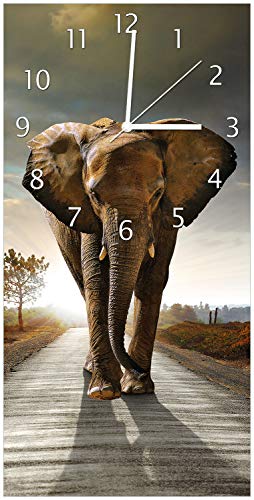 Wallario Design Wanduhr Elefant bei Sonnenaufgang in Afrika aus Acrylglas, Größe 30 x 60 cm, weiße Zeiger
