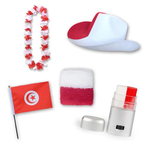 Sonia Originelli Fanset Fanartikel Fanhut Blumenkette Schminkstift Schweißband Fähnchen WM EM Farbe: Tunesien