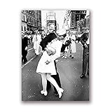 Tag in Times Square Poster drucken Kuss Wandkunst Leinwand Malerei schwarz weiß Wandbild, für Schlafzimmer Home Decoration Kein Rahmen (Size : 60x80 cm No Frame)