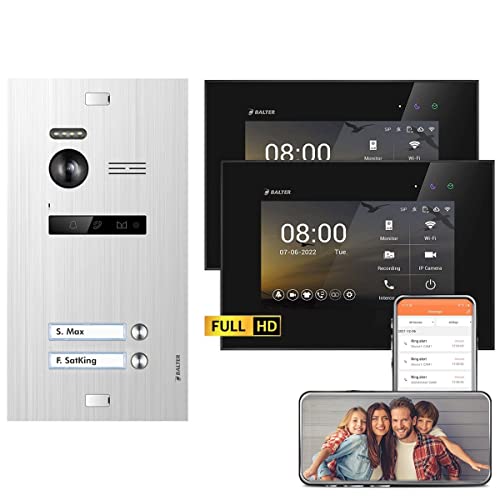 Balter EVO HD Silber/Schwarz WiFi Video Türsprechanlage Set für 2 Familienhaus (1x Türstation mit Full HD-Kamera, 2X Touchscreen 7 Zoll Monitor, Smartphone APP, 2-Draht, 175° Weitwinkel)
