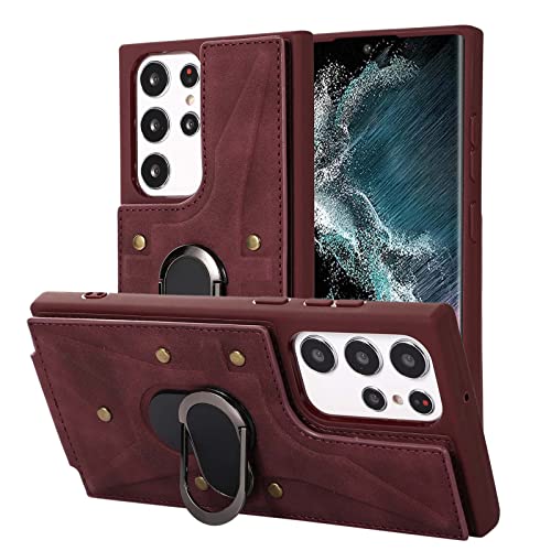 KVIBEO Schutzhülle für Samsung Galaxy S23 Ultra/S23 Plus/S23, Brieftaschen-Schutzhülle mit Kartenfächern und magnetischem Ring-Ständer für Auto, magnetische, stoßfeste Schutzhülle, Rot, S23 Ultra