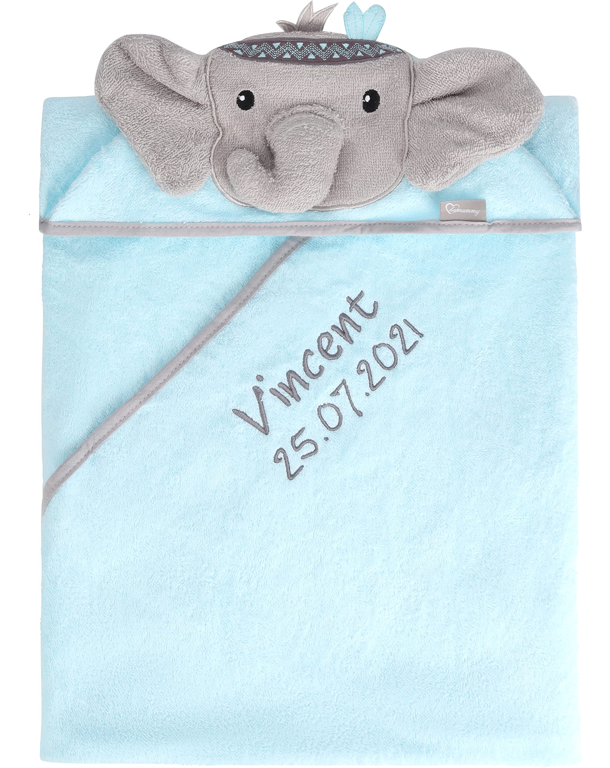 Be Mammy Kapuzenhandtuch Babyhandtuch aus Baumwolle Bestickt mit Name und Geburtsdatum 95cm x 95cm BE20-282-BBL (Blau - Elefant)