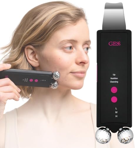 GESS 2-in-1 Ultraschallpeelinggerät und 3D-Gesichtsmassagegerät, EMS Gesichtsroller & Face Scrubber Ultraschall, Gesichtsreinigungsgerät, Mikrostrom Gerät, Porenreiniger gesicht Blackhead Remover