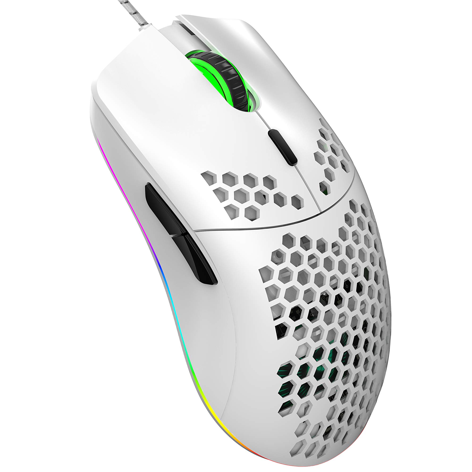 Wired Gaming Mouse, J900 6 RGB Lighting 6400 DPI Programmable USB Gaming Mice with 6 buttons, Honeycomb Shell Ergonomic Design for PC Gamers and Xbox and PS4 Users- White
