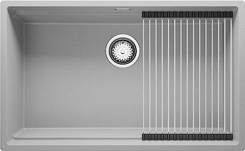 Spülbecken Grau 76x47 cm, Granitspüle + aufrollbare Abtropffläche + Ablauf-Set, Küchenspüle für 80er Unterschrank, Einbauspüle von Primagran