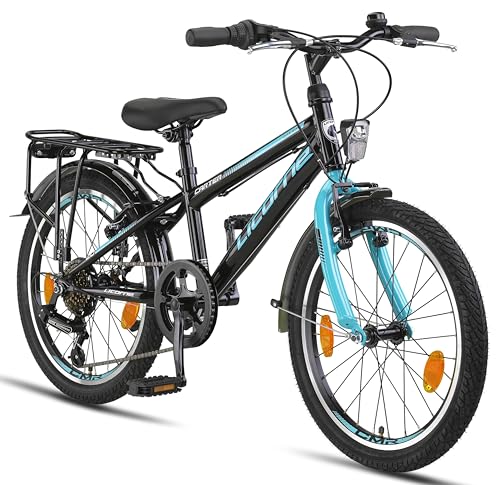 Licorne Bike Carter Premium Mountainbike in 20 Zoll Fahrrad für Kinder Mädchen Jungen 6 Gang Shimano Schaltung (Kinderfahrrad, Schwarz/Blau)
