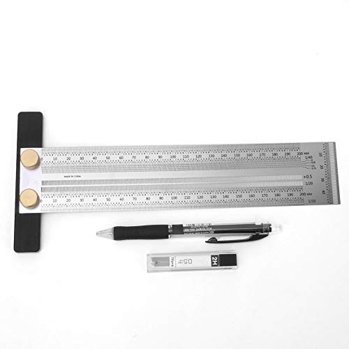 Fafeicy Schreiblineal, T-Loch-Lineal aus rostfreiem Stahl Scribing Gauge Holzbearbeitungs-Markierungswerkzeug mit automatischem Bleistift, 0,5 mm Bleistiftdurchmesser(0-200mm)