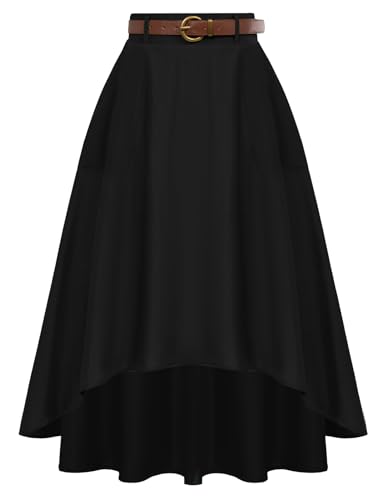 Damen Rock Elegant High Waist A Linie Rock mit Gürtel Skirt mit Taschen Rock Schwarz M