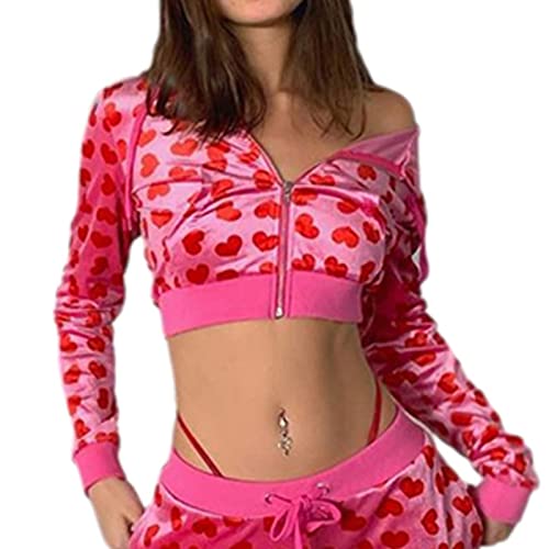 Women Y2K Heart Print Velvet Crop Hoodies Zip Up Long Sleeve Vintage Graphic Sweatshirt & Drawstring Pants with Pockets (Hooded Sweatshirt, Small)