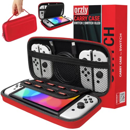 Orzly Tragetasche Kompatibel mit Nintendo Switch und New Switch OLED-Konsole - Rot schützende Hülle, Harte tragbare Reisetasche mit Taschen für Zubehör und Spiele