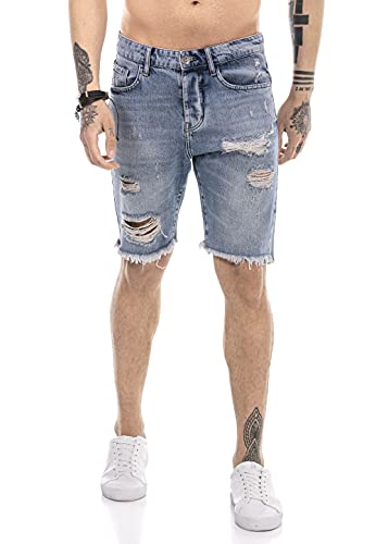 Redbridge Jeans-Shorts für Herren Kurze Hose Denim Freizeithose Destroyed Look Blau W32