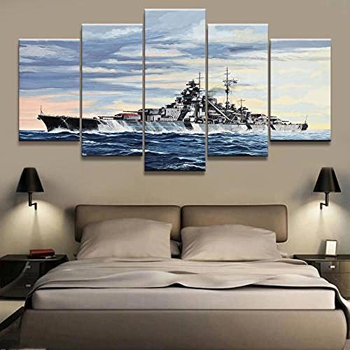 ZHRMGHG Print Canvas 5 Teilig Battleship Bismarck War Weapon Patrol Leinwand Art Wandgemälde Für Home Wohnzimmer Büro Trendig Eingerichtet Dekoration Geschenk (Mit Rahmen)