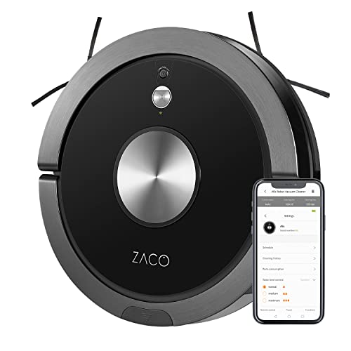ZACO A9s Saugroboter mit Wischfunktion, App und Alexa Steuerung, 2 Std Laufzeit, für Tierhaare, 3in1 Hartböden wischen, Teppiche staubsaugen und bürsten, Roboterstaubsauger mit Ladestation, schwarz