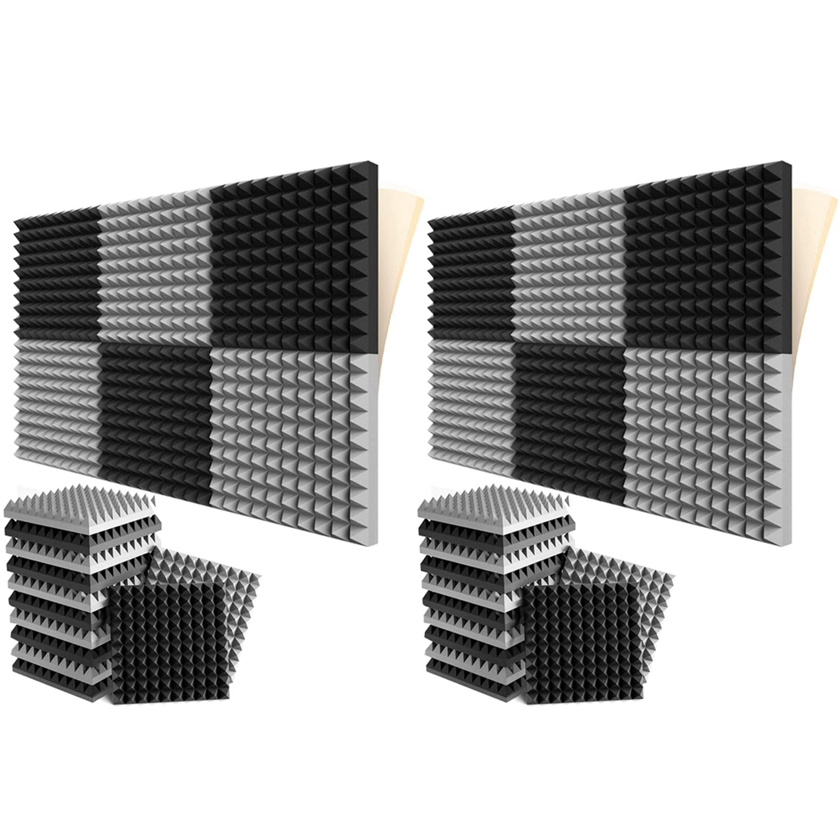 Bonkshire 24 Stück Selbstklebende Schalldichte Schaumstoffplatten 2 x 12 x 12 Pyramidendesign, für Heimstudio, Schwarz +
