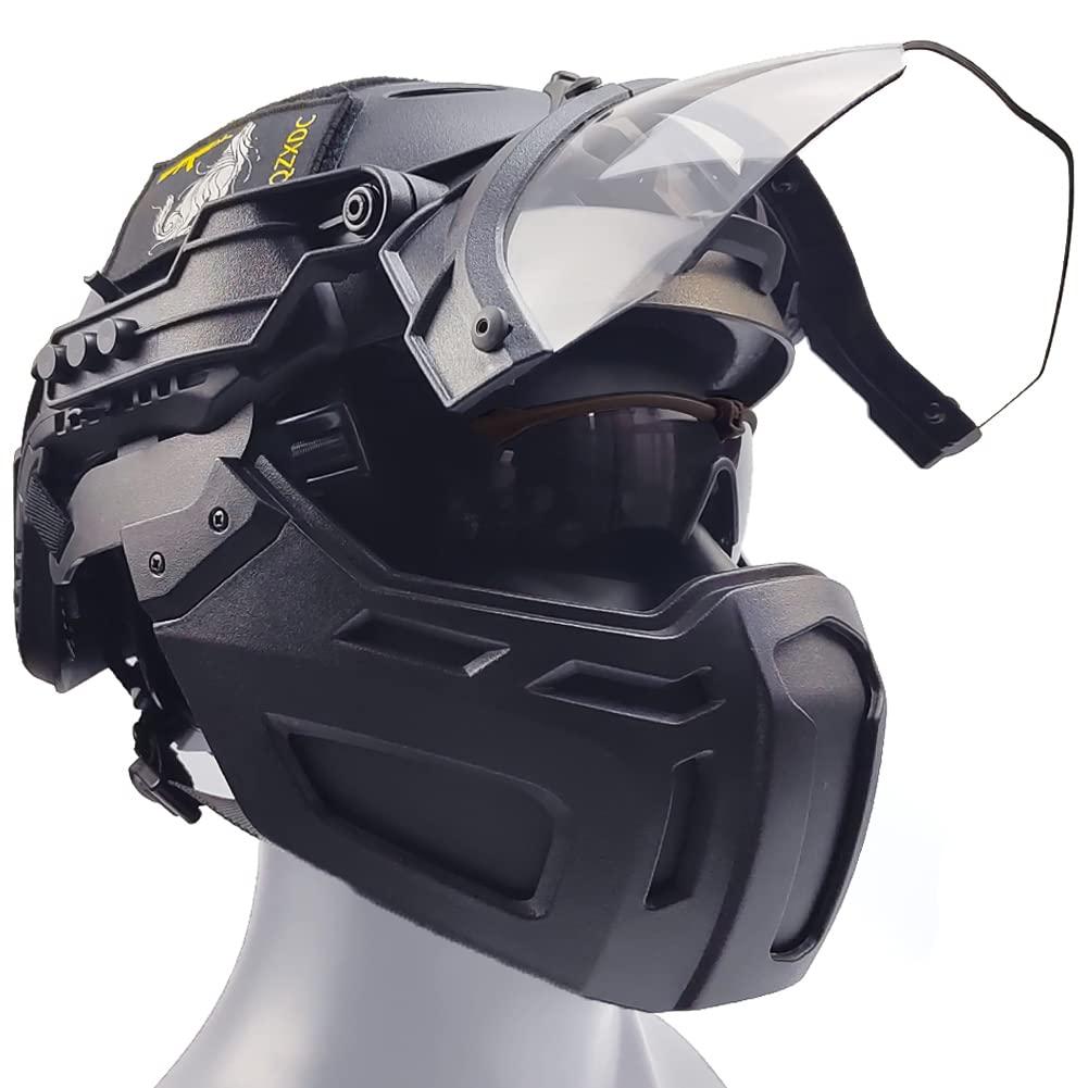 AQzxdc Airsoft Helm mit Schutzbrille und Visier Set, Full-Wrap Military Paintball Schutz Kombination, Visier 90°Verstellbar, für Outdoor-Jagd, CQB Schießen, BBS,Sets transparent