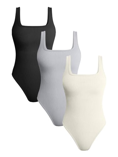 AUREIN Women's 3-Piece Bodysuits Ribbed Square Neck Sleeveless Tank Tops Bodysuits (Color : White, Size : M)
