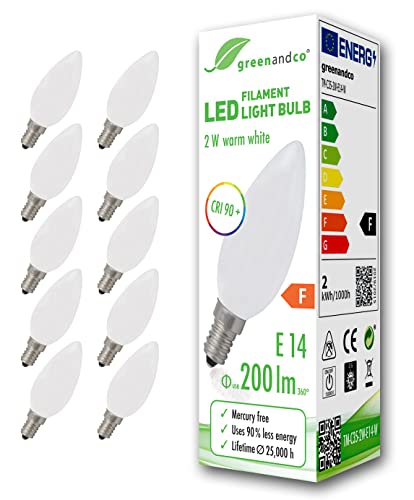 10x greenandco® CRI90+ LED Lampe ersetzt 18 Watt E14 Kerze matt, 2W 170 Lumen 2700K warmweiß Filament Fadenlampe 360° 230V AC nur Glas, nicht dimmbar, flimmerfrei, 2 Jahre Garantie