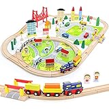 Symiu Holzeisenbahn Hölzernes Zugset Holz LKW BAU Spielzeugauto Spielzeug Kinderspielzeug ab 3 Jahre 82pcs DIY Eisenbahn Eisenbahn mit Brücke Kleinkindspielzeug Empfohlen ab 3 4 5 6 Jahren,(MEHRWEG)