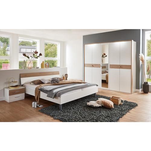 Lomadox Schlafzimmer Komplett Set 4-teilig, Bett 180x200 cm, 2 Nachttische, 1 Kleiderschrank in weiß mit Eiche