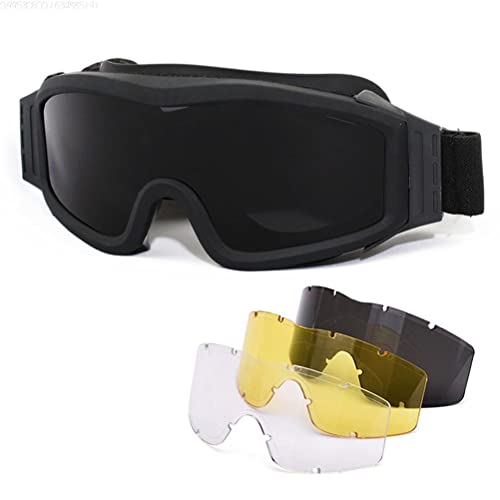 Fencelly Taktische Schutzbrille mit 3 austauschbaren Gläsern, Outdoor-Sport, Militär, Airsoft, Nachtsicht, Schlagfestigkeit, sichere Brille für Reiten und Radfahren
