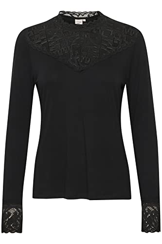 Cream Damen Top Lace Details Jersey Lang Sleeves Slim Fit Bluse, Pitch Black, Large