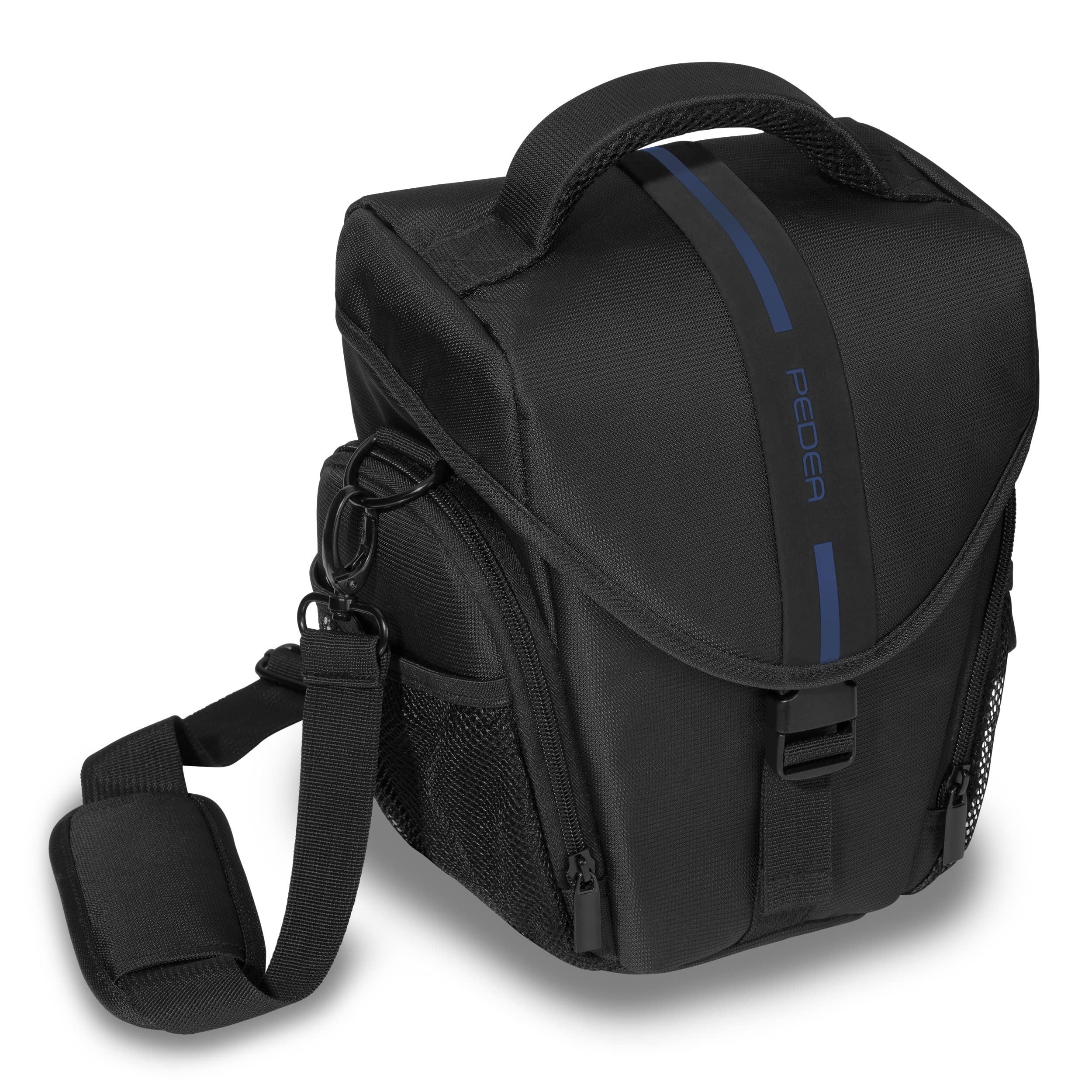 PEDEA DSLR-Kameratasche *Essex* Fototasche für Spiegelreflexkameras mit wasserdichtem Regenschutz, Tragegurt und Zubehörfächern, Gr. L schwarz/blau
