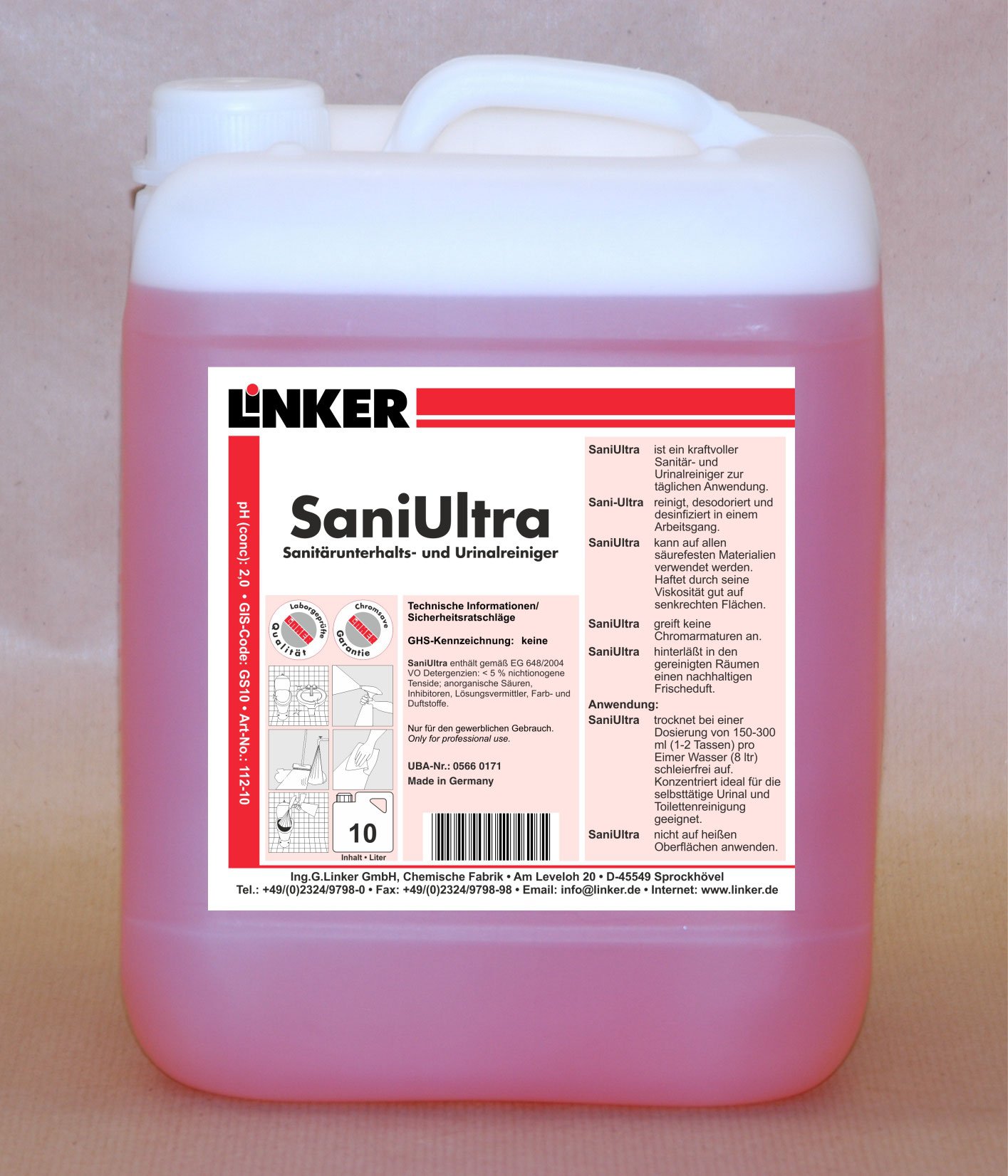 Linker Chemie SaniUltra Sanitär Bad Reiniger VE 10,1 Liter Kanister | Reiniger | Hygiene | Reinigungsmittel | Pflegemittel | Pflege | Reinigungschemie |