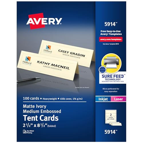 Avery Bedruckbare Zeltkarten mit Sure Feed Technologie, 6,3 x 21,6 cm, elfenbeinfarben mit geprägtem Rand, 100 leere Tischkarten für Laser- oder Tintenstrahldrucker (05914)
