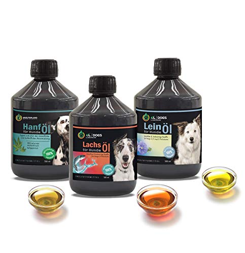 Kräuterland Barf Öl Set 1,5L - Lachsöl, Leinöl & Hanföl für Hunde & Katzen je 500ml - reich an Omega-3 6 9 Fettsäuren - reines Barföl in Premium Qualität