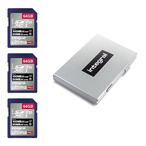 Integral 64 GB 3-Pack SD-Karte 4K Ultra-HD-Video High Speed SDXC V30 UHS-I U3 Class 10 Speicherkarte bis zu 100 MB/s, Farbe kann variieren
