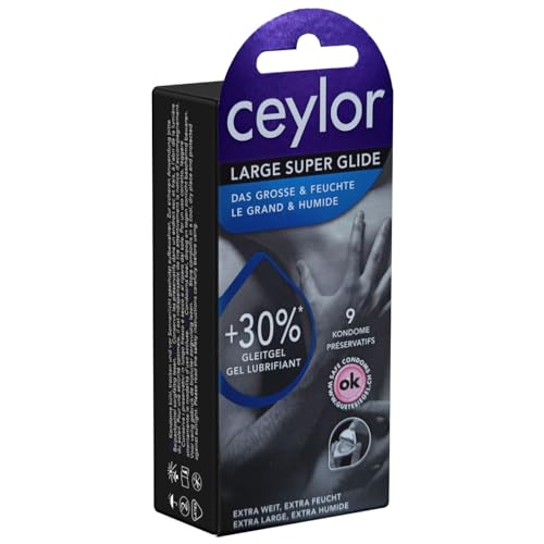 Ceylor Large Super Glide 9 extraweite Kondome mit 30% mehr Gleitcreme, verpackt im hygienischen"Dösli", einfach zu öffnen, schnelleres Überziehen, Premium-Qualität