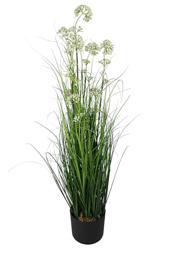 Arnusa Künstliches Gras 90 cm hoch mit weißen Blüten Kunstgras Dekogras Kunstpflanze künstliche Pflanze im Topf