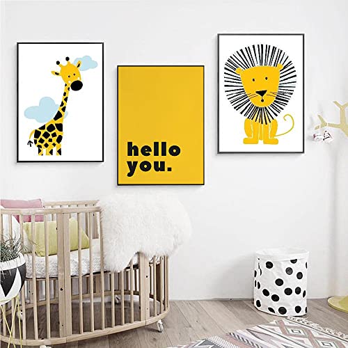 Cartoon Tier Poster Gelber Löwe Giraffe Kindergarten Leinwand Malerei Wandkunst Bilder Für Baby Zimmer Dekoration Niedlichen Raumdekor 16"X24"X3Panels