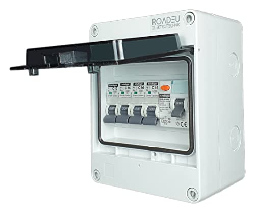 RoadEu - Leitungsschutzschalter - Komplett mit Fi Schutzschalter 40A 2P - 16A Sicherungsautomat und 10A C 3+1 in einem Aufputz Verteilerkasten - Sicherungskasten IP65 Verteilerkasten Außen Wasserdicht