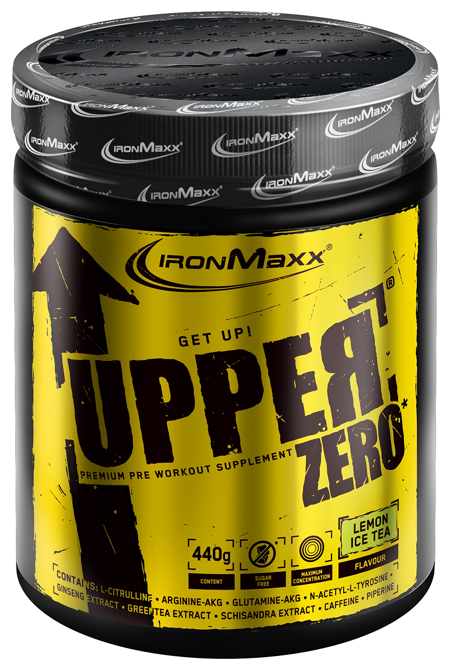 IronMaxx Upper Zero - Lemon-IceTea 440g Dose | Trainings Booster mit u.a. L-Citrullin, L-Arginin, Taurin, L-Glutamin und Grüntee-Extrakt | 200mg Koffein pro Portion | Zuckerfrei