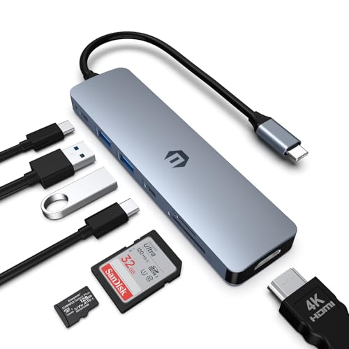 oditton USB-C-Hub, 7-in-1-Hub-Adapter, HDMI-Ausgang, 100 W Stromversorgung, USB C 3.0, 2 x USB 3.0, SD- und Micro-SD-Kartenleser, perfekt für Dell-XPS/HP/Surface und andere Typ-C-Geräte